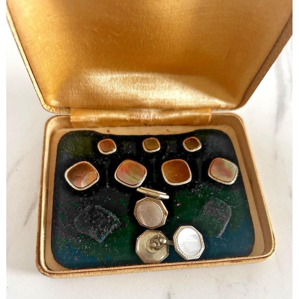 Vintage Krementz Art Deco Cufflink Tuxedo Set Formal Wear Mother of Pearl 1920s